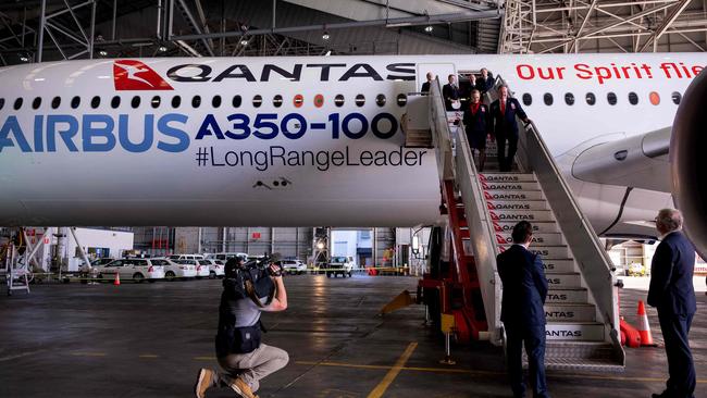 An Airbus A350-1000 aircraft inside a hangar at Sydney Airport on Monday to mark a major fleet upgrade by Qantas. Picture: AFP