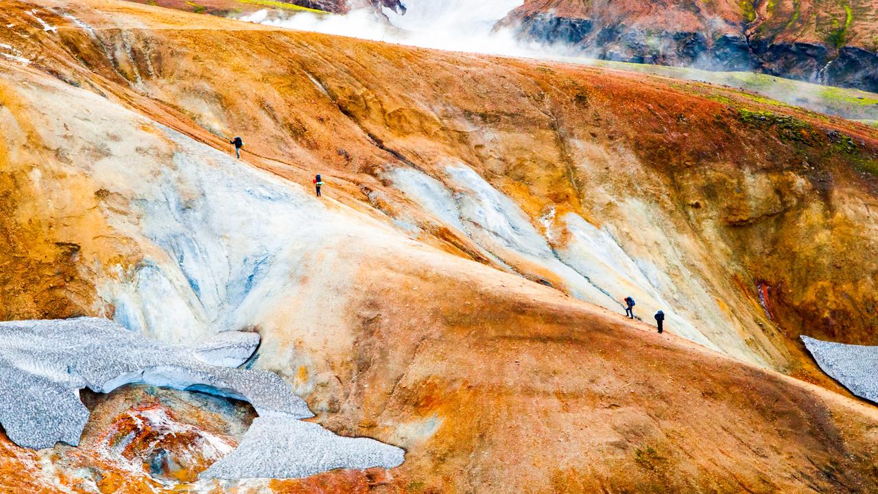 Group of hikers going up the path at Landmannalaugar, Laugavegur trek, Iceland
