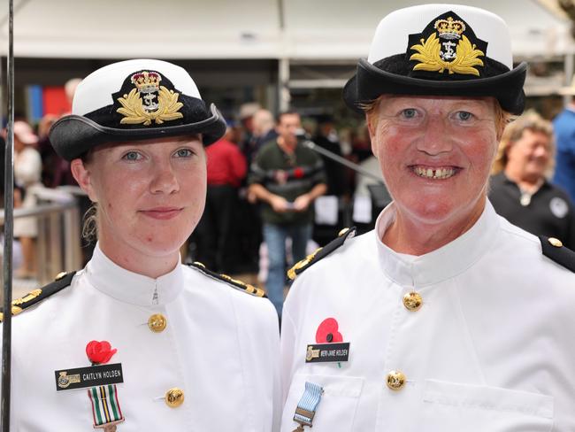 Caitlyn Holden and Meri Jane Holden at the Surfers Paradise RSL Anzac Day service 2024 at The Cenotaph Cavill Park for Gold Coast at Large. Picture, Portia Large.