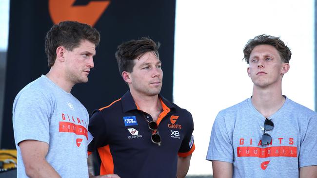 Jacob Hopper (left), seen here with teammates Toby Greene and Lachie Whitfield the day after the grand final, was third in the best and fairest. Picture. Phil Hillyard