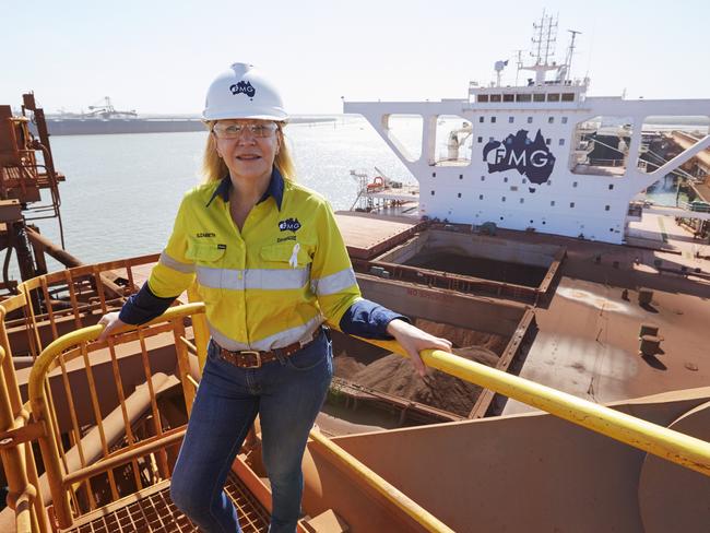 Fortescue Metals Group chief executive Elizabeth Gaines atop a shiploader at the iron ore miner’s Port Hedland facilities