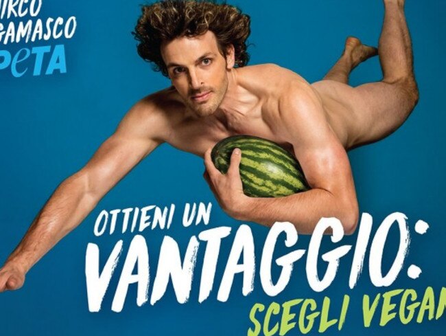 Italian Rugby League World Cup centre Mirco Bergamasco in a PETA advertisement.