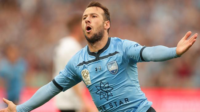 Sydney FC striker Adam Le Fondre celebrates a goal. Picture: Getty Images