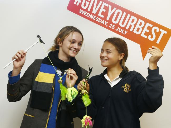 DoSomething Day 2018 L to R: Kambala Students L to R:  Sunny Salt and Lara Finlayson  with the cat toys they made  for use at Sydney Dogs and Cats Home as part of the Kids Giving back program. Picture: John Appleyard