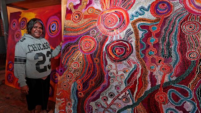 Aboriginal artist and 2017 Archibald prize finalist Tjungkara Ken at the Tjala Arts centre at Amata in the APY lands. Picture: Dylan Coker