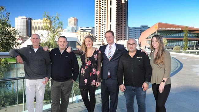 (L-R) Enviro Clad Australia founder Antonio Vallelonga and Ryan Vallelonga, Uniti Wireless co-founders Sasha Baranikov and Che Metcalfe with Elite Building and Renovations’ founder Tom Saunders and Susan Strachan. (AAP Image/Dean Martin).