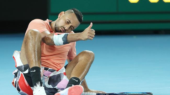 Rafael Nadal check of Nick Kyrgios during the game. Picture: Michael Klein