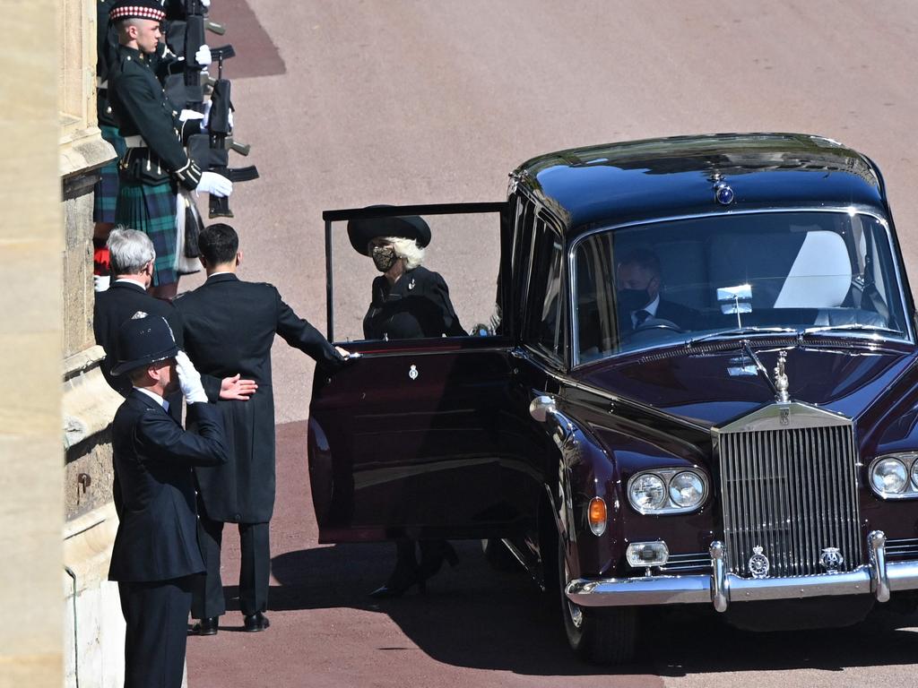 Britain's Camilla, Duchess of Cornwall, arrives in the quadrangle ahead of the ceremonial funeral procession of Britain's Prince Philip. Picture: AFP