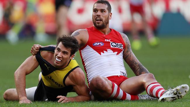 Alex Rance and Lance Franklin staged another epic battle. Picture: Michael Klein