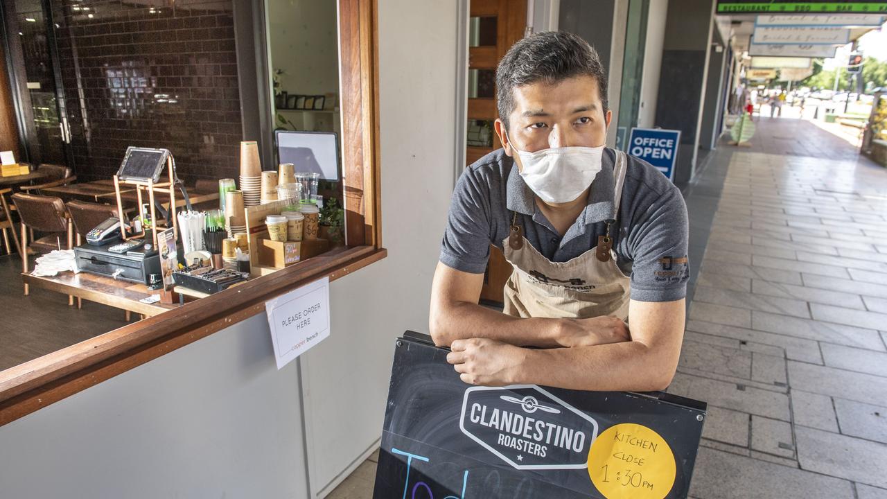 Tenzin Norbu from the Copper Bench is finding business slow in Ruthven St. Friday, January 14, 2022. Picture: Nev Madsen.