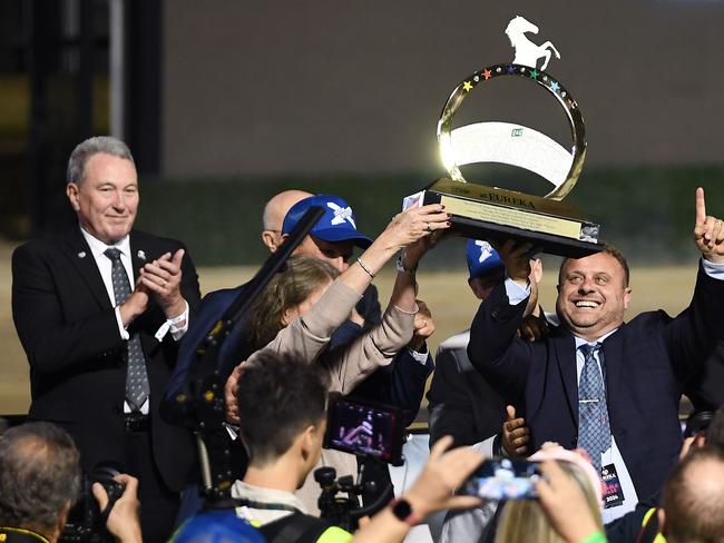 SYDNEY, AUSTRALIA - SEPTEMBER 07: Winning connections celebrate Luke McCarthy driving Don Hugo to victory in Race Eight, the The Tab Eureka during The TAB Eureka at Club Menangle on September 07, 2024 in Sydney, Australia. (Photo by Wendell Teodoro/Getty Images for Club Menangle)