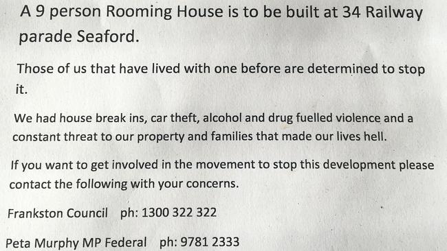 A flyer sent out to Railway Pde Seaford residents following the construction of a rooming house. Picture: Ray Stirling