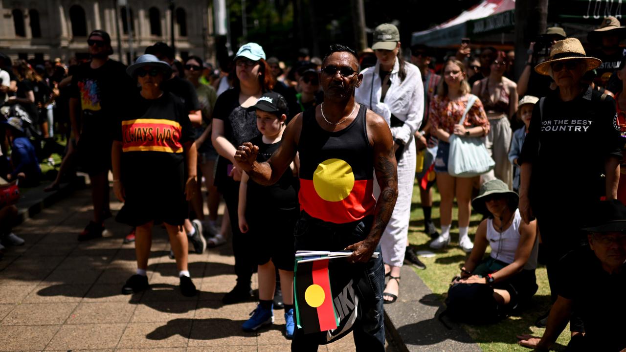 Protesters take part in an Invasion Day rally and march in Brisbane, coinciding with Australia Day. Picture: NCA Newswire / Dan Peled