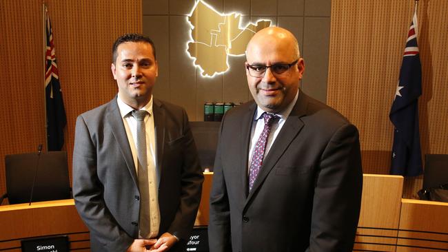 Mayor Khal Asfour, right, and new Deputy Mayor Bilal El-Hayek at the Canterbury Bankstown Council chambers after the election. Picture: Robert Pozo