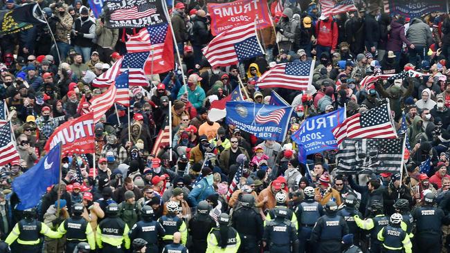 Kamala Harris suggests a sort of equivalence between last year’s Capitol riot on the one hand and Pearl Harbour and 9/11. Picture: AFP