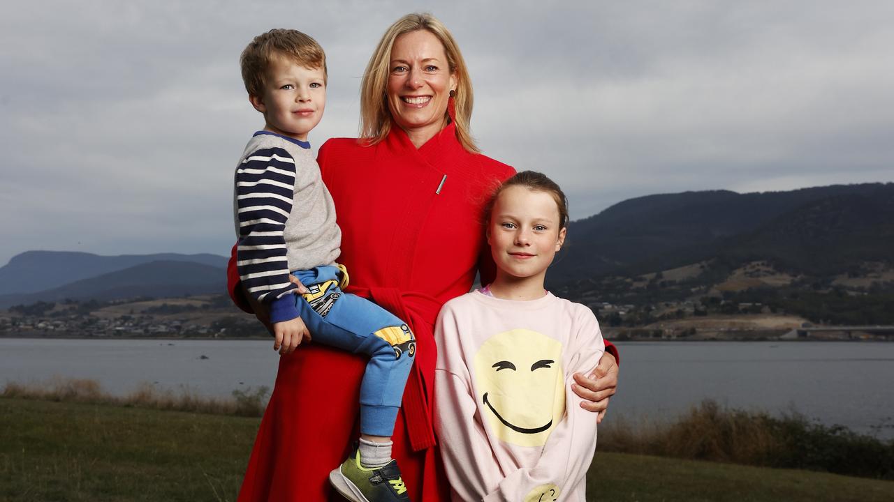 Labor member elect for Lyons Rebecca White with children Hudson and Mia at Bridgewater the day after the 2025 federal election. Picture: Nikki Davis-Jones