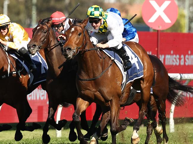 SYDNEY, AUSTRALIA - SEPTEMBER 09: Ryan Maloney riding Sunshine In Paris wins Race 6 Irresistible Pools Sheraco Stakes during Sydney Racing at Rosehill Gardens on September 09, 2023 in Sydney, Australia. (Photo by Jeremy Ng/Getty Images)