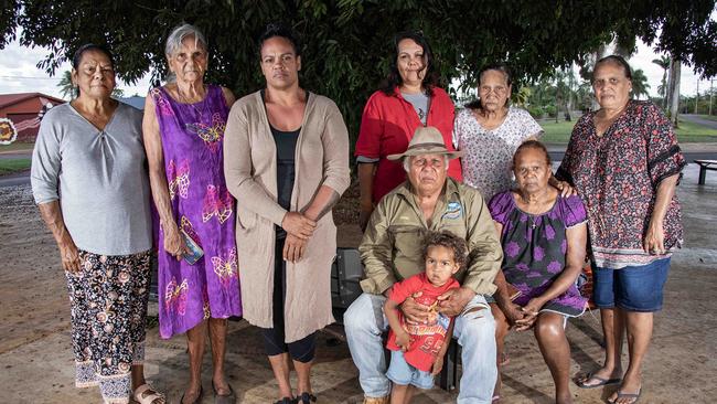 Hopevale Guugu Yimithirr residents (from left) June Pearson, Alice Walker, Teneille Nuggins, Ramona McIvor, Richard Bowen and grandson Hunter Bowen, Ella Woibo, Lillian Bowen and Diane Wallace. Picture: Brian Cassey