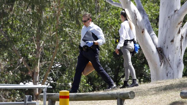 A crime scene was established at the track where the woman’s body was found. Picture: NCA NewsWire/Tertius Pickard