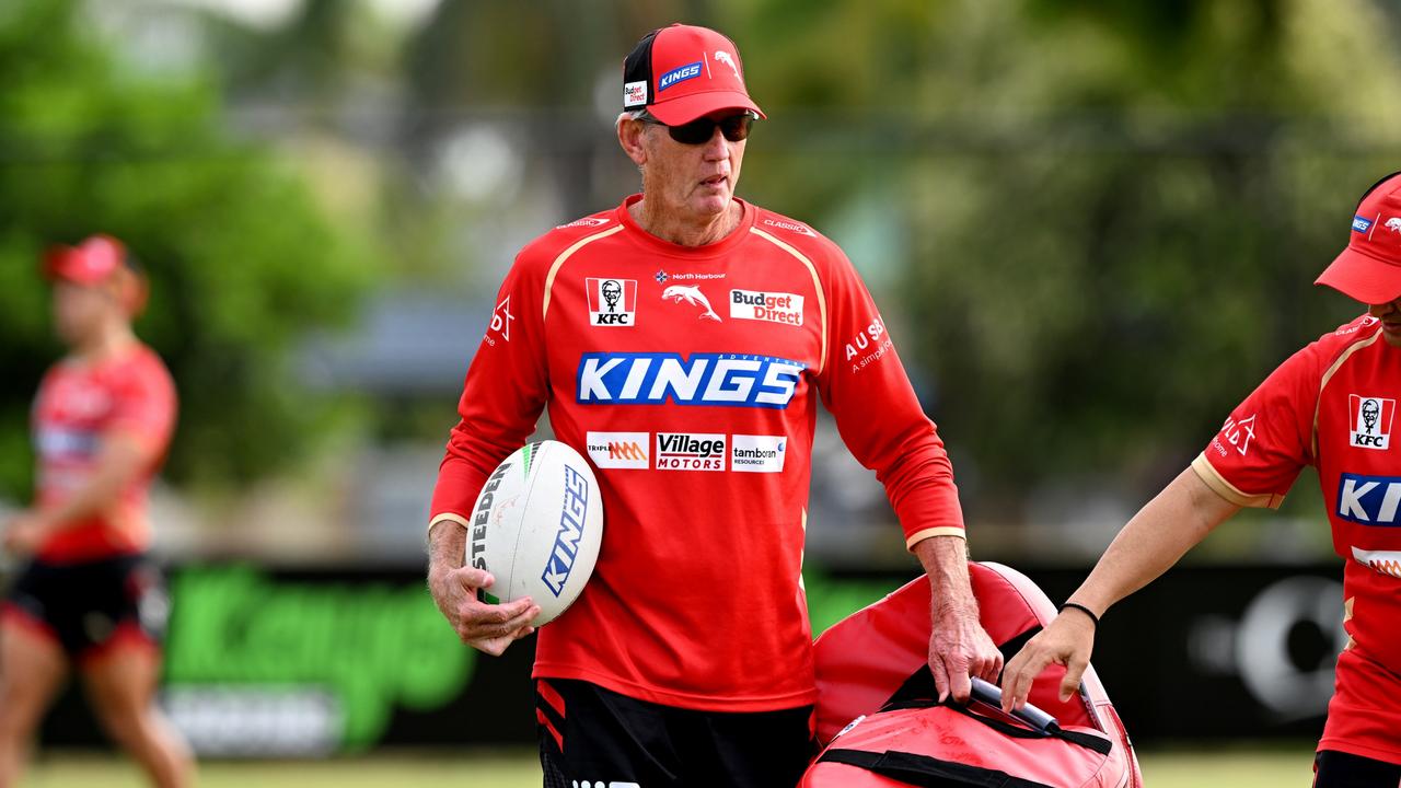 BRISBANE, AUSTRALIA – FEBRUARY 14: Coach Wayne Bennett during a Dolphins NRL training session at Kayo Stadium on February 14, 2023 in Brisbane, Australia. (Photo by Bradley Kanaris/Getty Images)