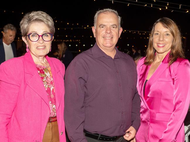 Cr Fran Mann, Cr Justin Englert and Cr Belinda Hassan at Dinner on the Runway for Mackay Hospital Foundation, Mackay Airport Friday 8 September 2023 Picture: Michaela Harlow