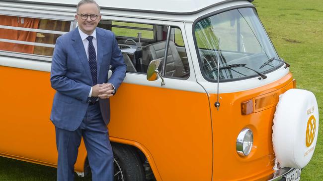 Friday 13th October 2023 Prime Minister Anthony Albanese With Voice Van at Glenelg.Pic Roy VanDerVegt