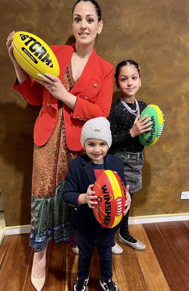 Co-owner Sonam Saby photographed with her children who too love footy. Picture: Supplied.