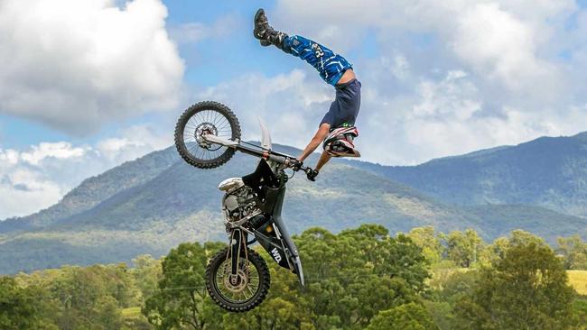 LEAPING ABOVE: Gympie rider Zac Mackenzie airbourne will performing one of his jumps. Picture: Joe Sheppard