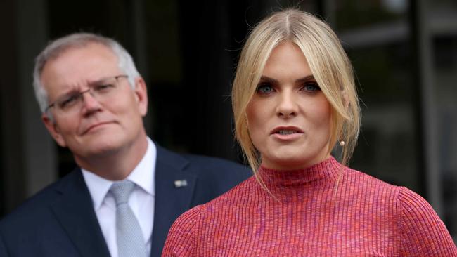 Prime Minister Scott Morrison and Erin Molan at the announcement of proposed new anti-trolling laws. Picture: NCA NewsWire/Damian Shaw