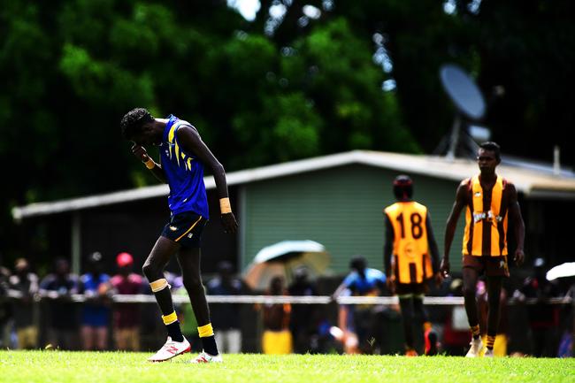 Ranku Eagles In Tipungwuti misses 6 against the Tapalinga Superstars during this year's 49th Annual Tiwi Grand Final at Wurrumyanga Oval on Bathurst Island Picture: Justin Kennedy