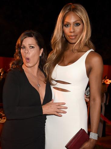 Actresses Marcia Gay Harden (L) and Laverne Cox attend HBO’s Official 2015 Emmy After Party at The Plaza at the Pacific Design Center. Picture: Jeff Kravitz/FilmMagic