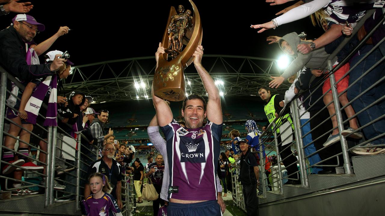2012 NRL Grand Final. Canterbury Bulldogs v Melbourne Storm at ANZ Stadium. Cameron Smith carries the trophy down the race