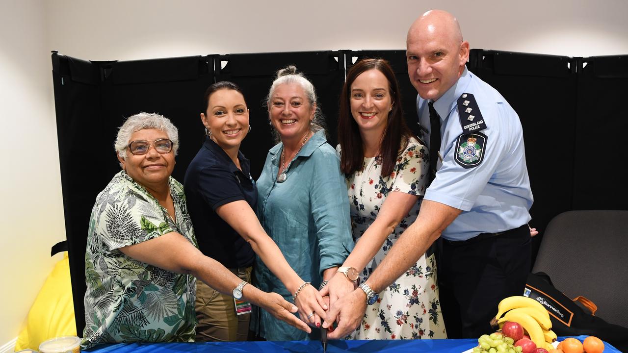 Aunty Nicky Hatfield, Stockland manager Elysia Billingham, Every Child CQ's Susie Cunningham, Brittany Lauga MP and Inspector Mark Burgess at the Our Space launch