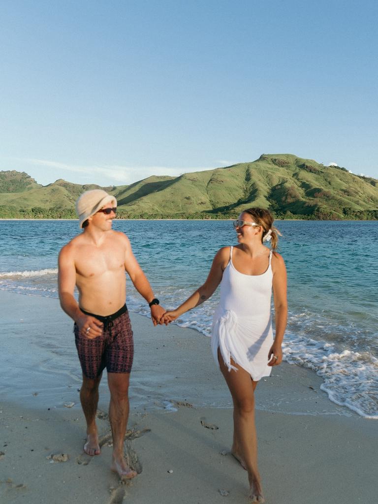 Ashley Swallow with partner Justin Broughton exploring the Yasawa Islands in Fiji. Picture: Instagram: @ashleyswallow