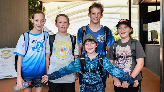 Mackenzie Zimmerle, Jayden Zimmerle, Declan Zimmerle, Izzy Rose and front George Rose at the 2023 Country Swimming Championships at Parap Pool, Darwin. Picture: Pema Tamang Pakhrin