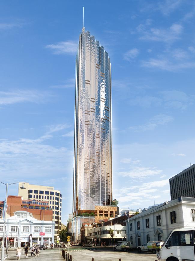 Artist’s impression of Fragrance Group’s 124m 424-room hotel proposal for Davey St in Hobart.