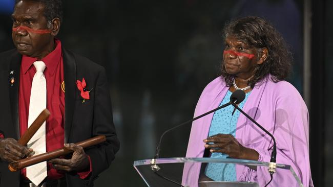 Senior Australian of the Year Yalmay Yunupingu accepts the award alongside musician Witiyana Marika in Canberra on Thursday night. Picture: NCA NewsWire / Martin Ollman