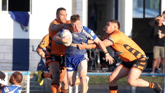 Tugun Seahawks (blue) vs. Southport Tigers at Tugun. A Grade. Riley Glover. 6 June 2021 Tugun Picture by Richard Gosling