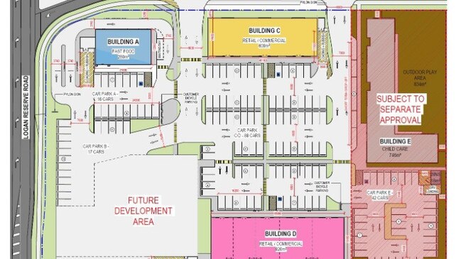 The new plan for the complex has three main buildings and contains a larger child care centre to the right.