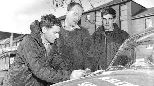 Motor Car Trial Shell Dealers Southern Safari Ian James, left, checks in the winning car, a Volkswagen driven by Lin Gigney, centre, and navigated by Terry Lobban, right. Photo first published 8th August 1967.