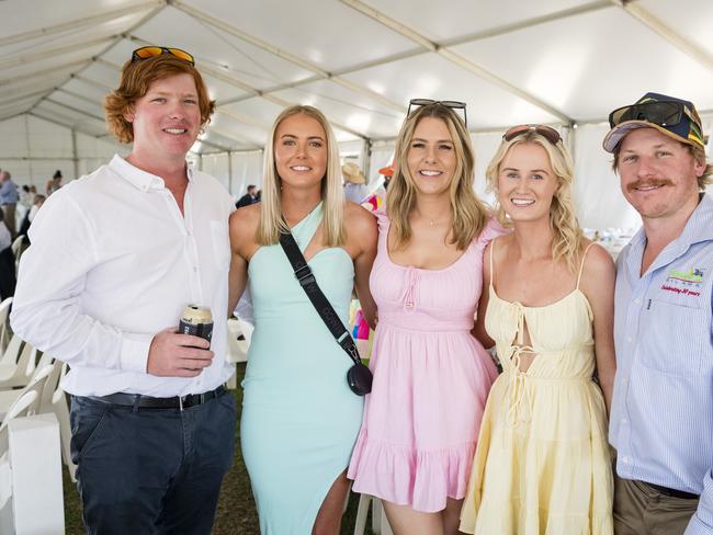 At the Clifton Races are (from left) Adrian Payne, Latisha Murphy, Ashlea Payne, Samantha Kotlin and Josh Payne, Saturday, October 28, 2023. Picture: Kevin Farmer