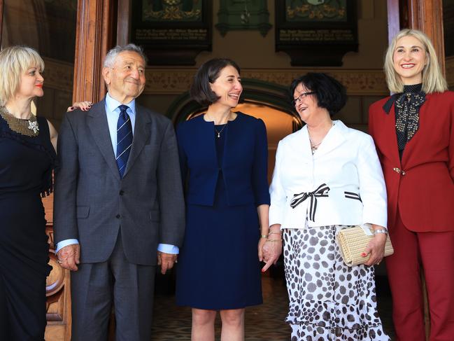 Gladys Berejiklian after being sworn in as Premier with her family (from left) sister Rita, dad Krikov, mum Arsha and sister Mary.