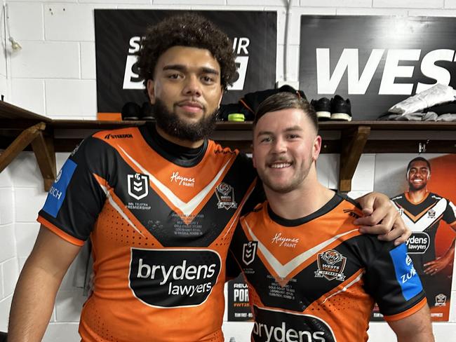 Locals on the rise: Jordan Miller (L) and Heath Mason after their NRL debut at Leichhardt Oval. Picture: Wests Tigers