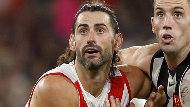 Sydney's Brodie Grundy and Collingwood's Darcy Cameron during the Round 1 AFL match between the Collingwood Magpies and the Sydney Swans at the MCG on March 15, 2024. Photo by Phil Hillyard(Image Supplied for Editorial Use only - Phil Hillyard  **NO ON SALES** - Â©Phil Hillyard )