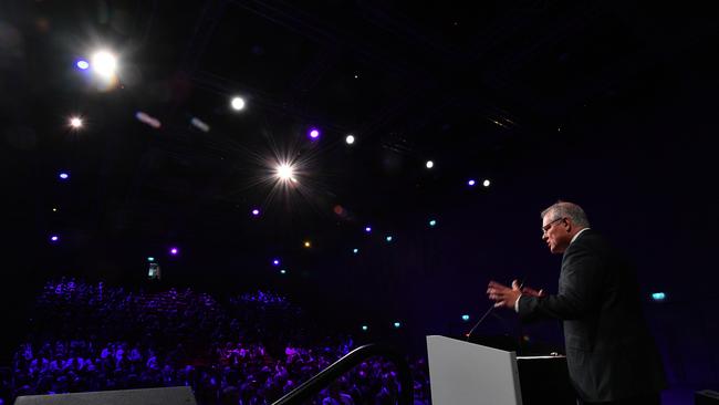 Prime Minister Scott Morrison addresses the 9th Australian Space Forum at the Adelaide Convention Centre today after opening the Space HQ: Picture AAP / David Mariuz