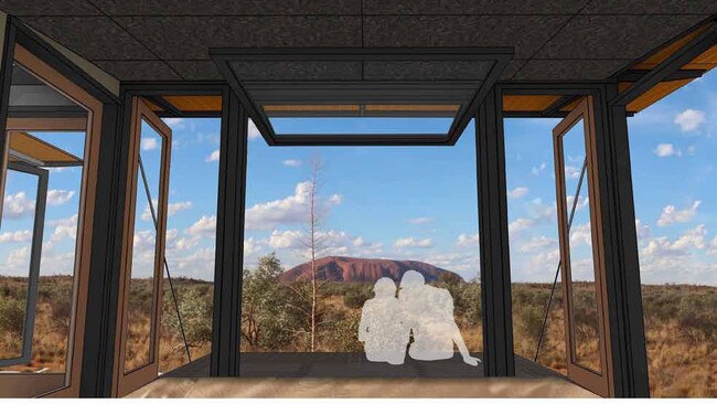 An artist’s impression of the route, views and accommodation part of the proposed Uluru Lodge Walk from the Australian Walking Company (AWC). Picture: Troppo Architects