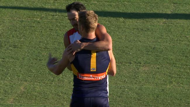 Sam Mitchell with Jordan Lewis prior to Thursday night's clash.