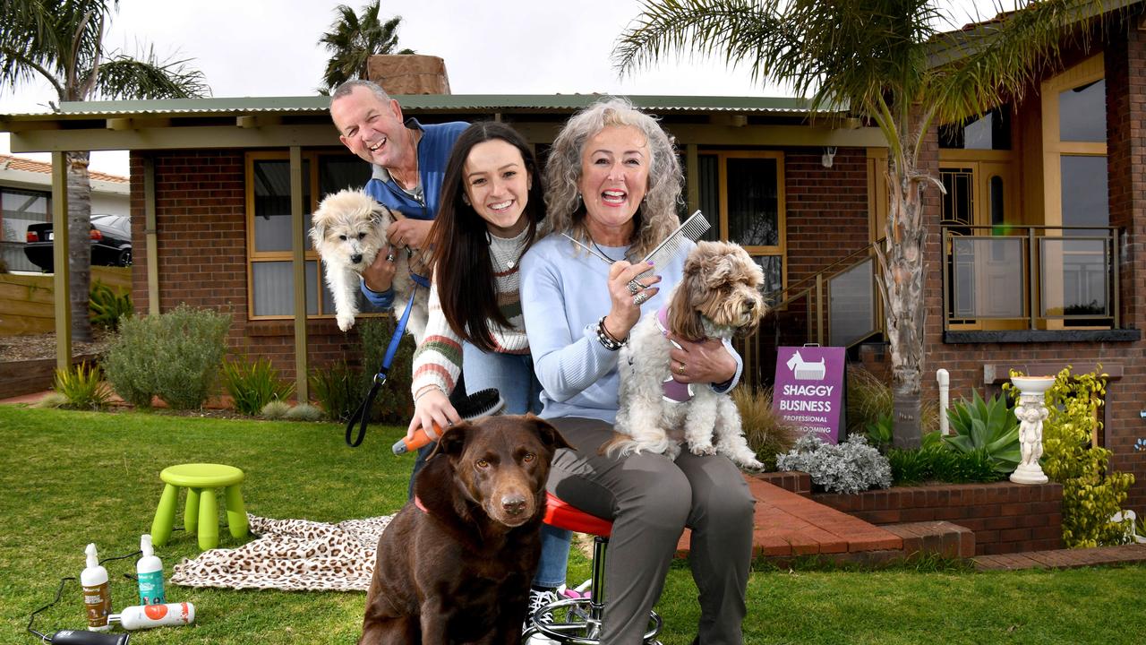 Alana Bosco-White his selling her Hallett Cove family home, complete with a dog wash/grooming business. Alana Bosco-White with husband Brenton and daughter Laila with dogs Bocco (choc lab), Chubba (white) and Chloe (white with brown head). Picture: Tricia Watkinson