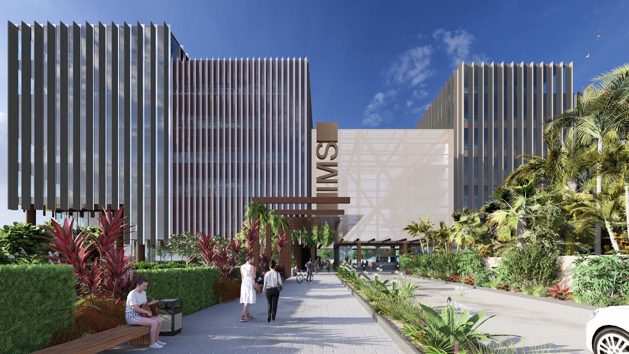 A rendered image of Integrated Medical Services' new Cairns private hospital, to built on land owned by JCU at the Far North Health Innovation Precinct, accompanying the Cairns Tropical Enterprise Centre. Visualisation by:Peddle Thorp Architects.