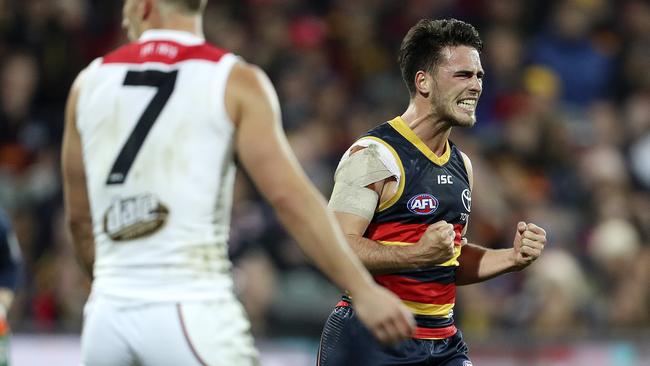 Lachlan Murphy celebrates his goal in the Crows’ last win. Picture: Sarah Reed